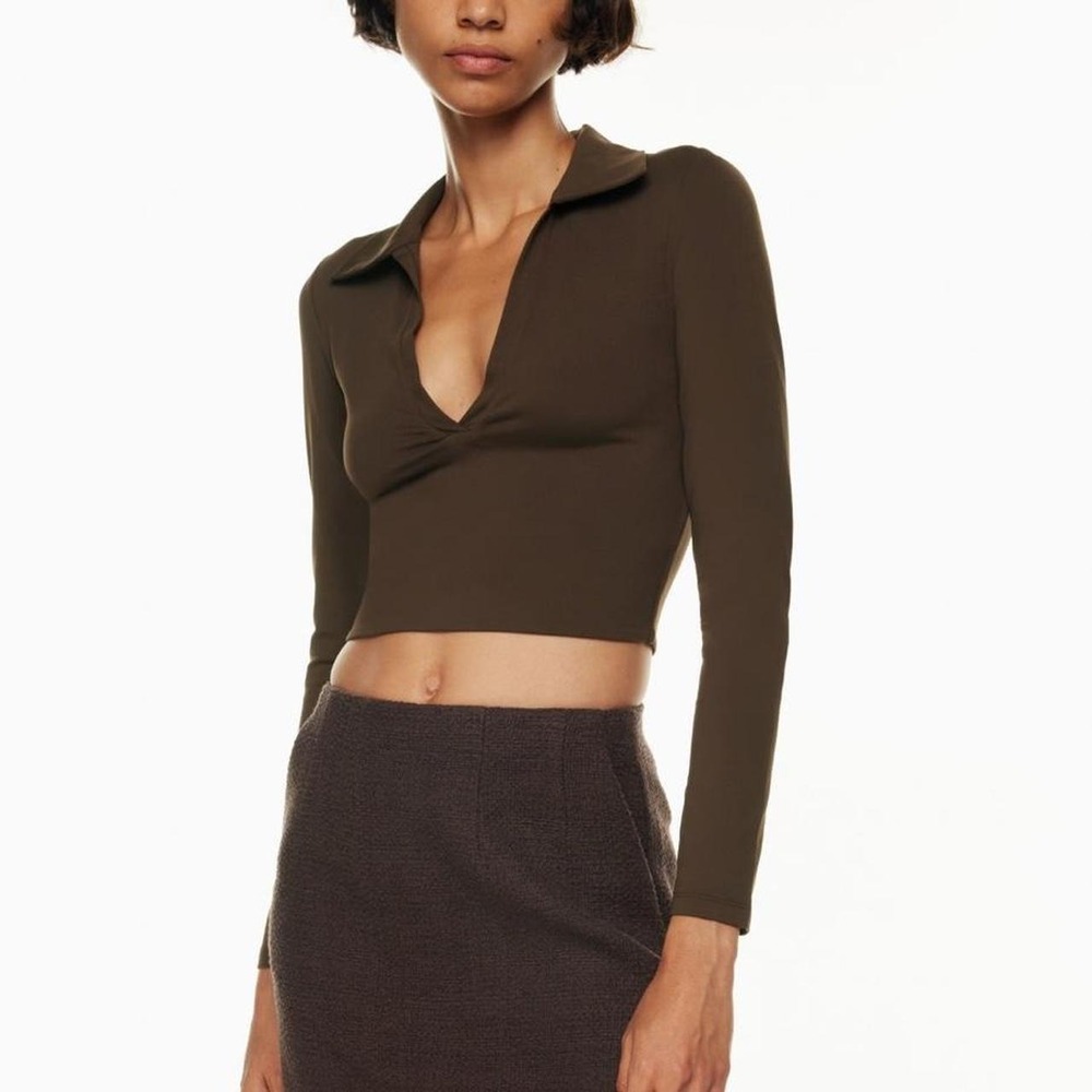 Aritzia Babaton Countour Polo Long‎ Sleeve Rich Mocha Brown 2XS